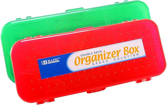 Double Deck Organizer Box, 8.25" x 3.25" x 1.5", 2 Latched Sides - 5 Compartments (2-Pack, Random Color: Black, Red, Blue, White)
