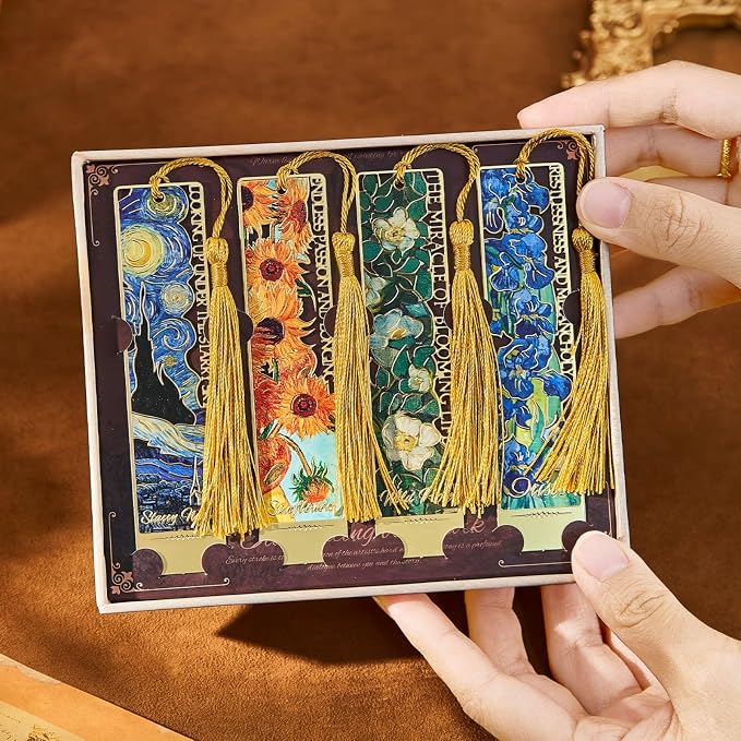 4 PCS Metal Bookmarks with Tassels,Vintage Van Gogh Bookmark,Gift Box Package, Book Lover Gifts for Women Adults Teens Teacher