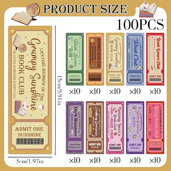 Personalized Bookmark Bulk Gifts - 100 Pcs Funny Book Club Ticket Paper Bookmarks for Women Men Books Lovers Fantasy Dark Romance Page Markers Accessories Bookish Gift for Birthday Christmas