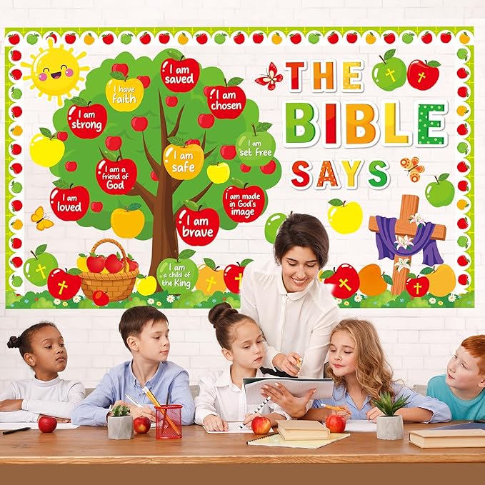 gisgfim Apple Tree Christian Bulletin Board Decorations Set Fall Religious Inspirational Paper Cutouts Jesus Bible Bulletin Board Decor for Sunday School Classroom Chalkboard Wall