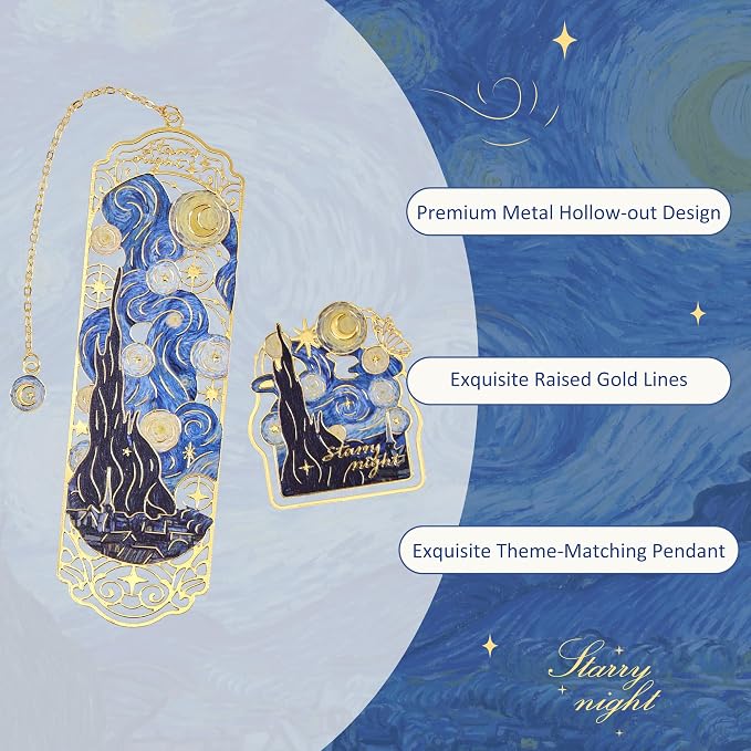 Luxury Metal Bookmark & Book Clip Gift Set, Oil Painting Themed Starry Night, 1 Bookmark with Pendant + 1 Book Clip, Elegant Christmas New Year Gift Box for Women Book Lovers Writers Readers Teens