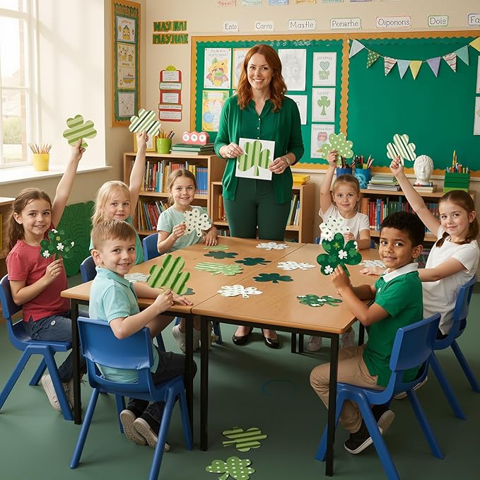TaoBary 24 Pcs 7.09 Inch Large Shamrocks Cutouts St Patrick's Day Bulletin Board Decorations Lucky Green Irish Clover Shape Paper Cutouts for Classroom Office Ireland DIY Crafts Party Supplies