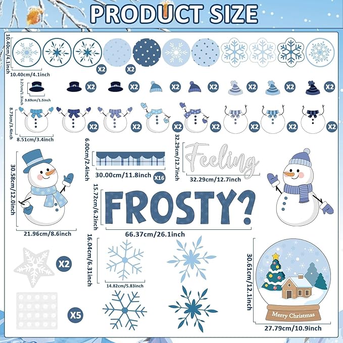 Justforjoyful Winter Bulletin Board Decoration Winter Snowman Cutouts DIY Photo Crafts Christmas Snowflake Cutouts Bulletin Board Set for Holiday Xmas Chalkboard Wall Classroom Decor School Supplies