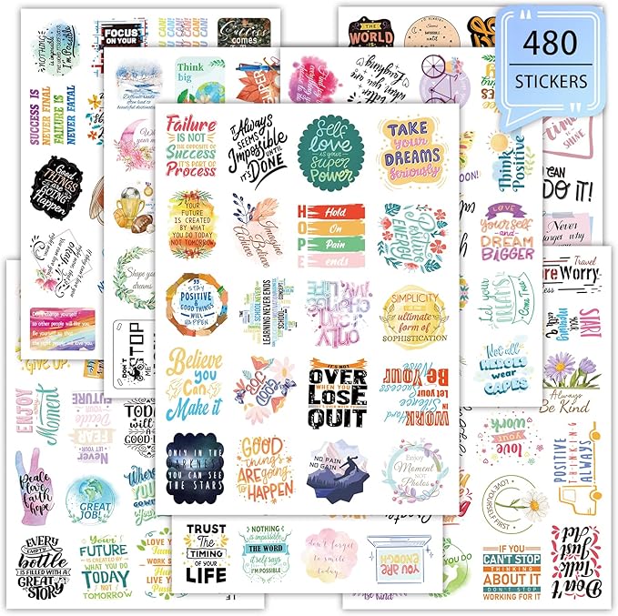 Motivational Stickers 480 Pieces Positive Calendar Stickers for Adults Planner 24 Sheets Inspirational Words Sticker for Water Bottle Diary Album Letter Sticker for Teens Kids Students