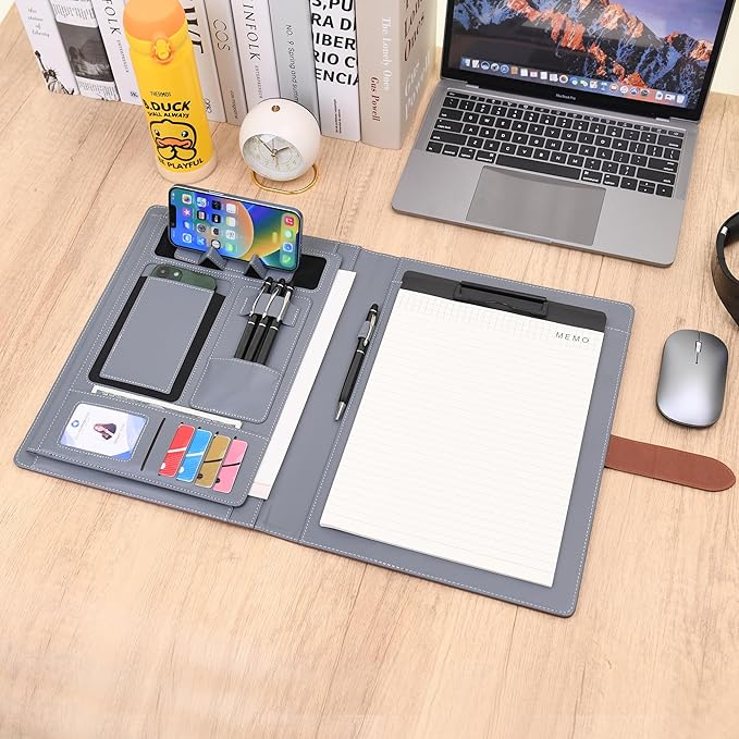 Wason Portfolio Padfolio A4 Leather PU Folder File Document Holder Case with Writing Pad Removable Clipboard Card Stationary Case Phone Tablet Stand for Organizer Office Travel School (Grey)