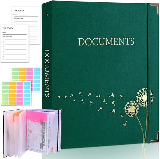 XKDOUS Important Document Organizer Folio Folders with 9 Pockets 3 Ring Linen Binder Organizer Expanding Storage Documents Holder with 9 Pockets and Labels for Papers, Files
