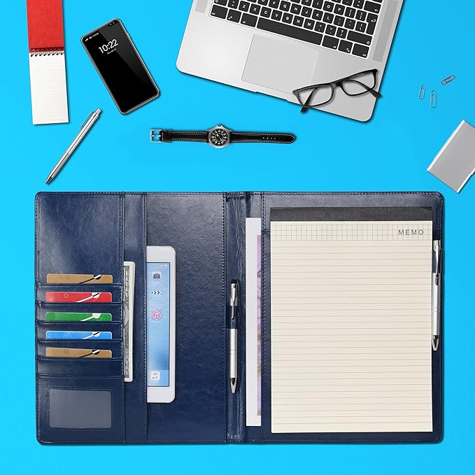 Wonderpool A4 PU Leather Clipboard Partfolio Notepad Forms Holders Document Case - Interview Planner Meeting Writing Padfolio File for Office Travel School Hotel Hospital (A4,Blue)