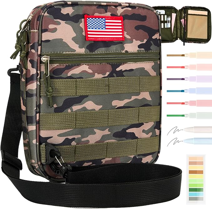 4 PCS Tactical Bible Cover for Men - Bible Bag for Men with Shoulder Strap - Washable Padded Bible Case with Carry Handle- Christian Gift for Men Bible Case for Church, Study, Spiritual