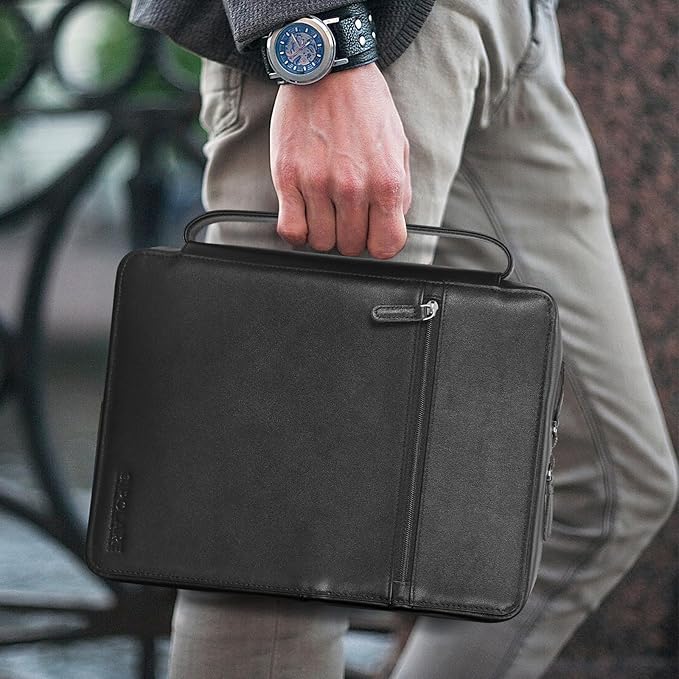 Polare Napa Leather Bible Cover Church Bag Bible Protective Book Holder Carrying Case Folder Organizer Portfolio, Black