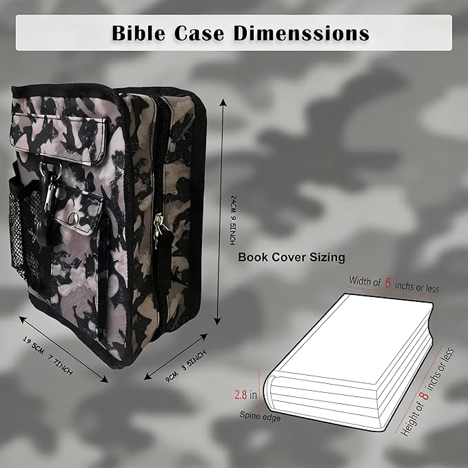 Bible Cover Case for Men Women Grey Camo Medium Book Bible Cover with Durable Handle Quilted Carrying Case Prayer Church Scripture Tote Bible Case Scout Book Cover with Compass Carabiner Camouflage