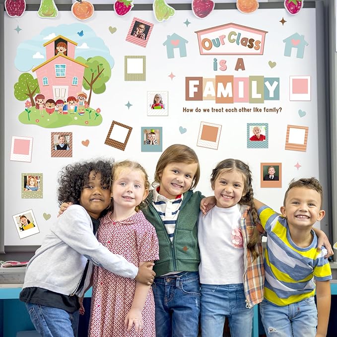 JarThenaAMCS 44Pcs Boho Bulletin Board Decoration Set for Classroom Our Class is A Family Picture Frame Paper Cutouts with Glue Points for Back to School Teachers Chalkboard Home Door Party