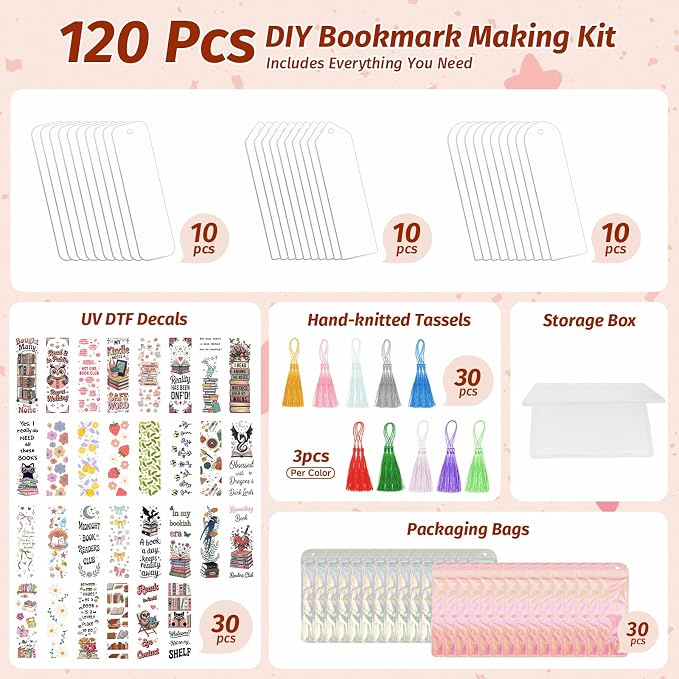 120Pcs Acrylic Bookmark Blanks Kits, Clear Acrylic Book Marks for Reading Women,30Pcs Blank Bookmarks with 30PCS Booklover Theme UV DTF Stickers and 30 Color Tassels for DIY Bookmarks Gift