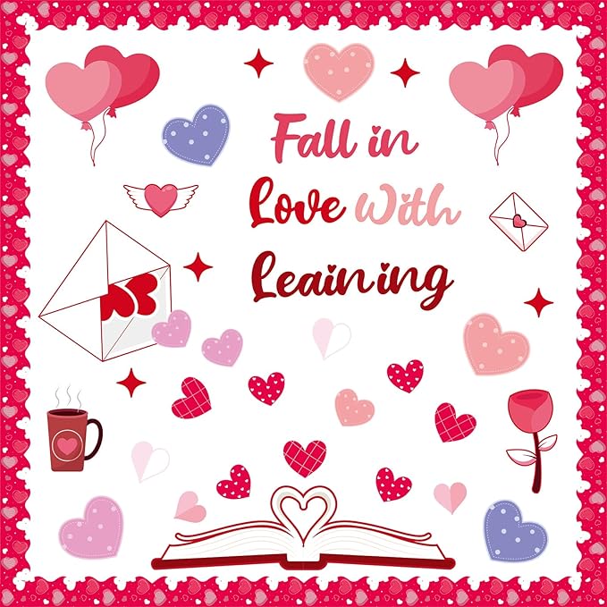 83Pcs Valentine's Day Red Heart Bulletin Board Decoration Set February Fall in Love with Learning Theme Cutouts for Classroom Pink Red Heart Church School Home Chalkboard Wall Door Party Decor