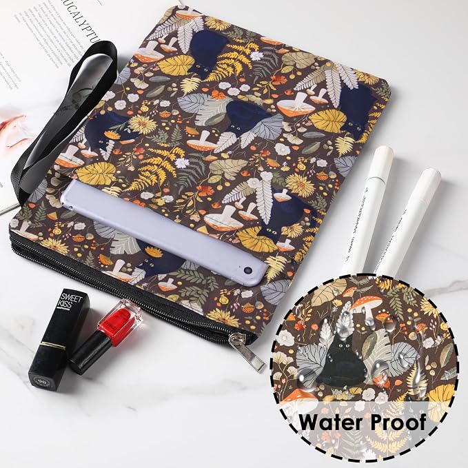 Waterproof Book Sleeve Pouch - Black Cat Books Cover Protector for Paperbacks Portable Bookworm Accessories with Pocket and Handle Flower Mushroom Bookish Gifts for Women Teacher Student