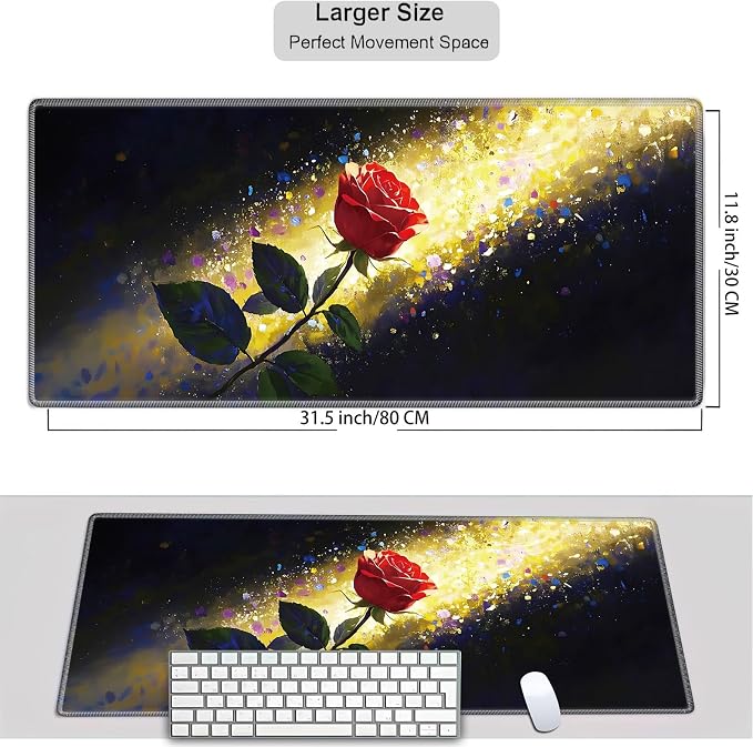 Mouse Pad Gaming Mousepad 31.5x11.8 Inch XXL Large + Coasters,Desk Mat with Stitched Edges, Non-Slip Rubber Base, Thick Mouse Pad for Computer, Laptop, Office & Home - Glitter Rose Flower