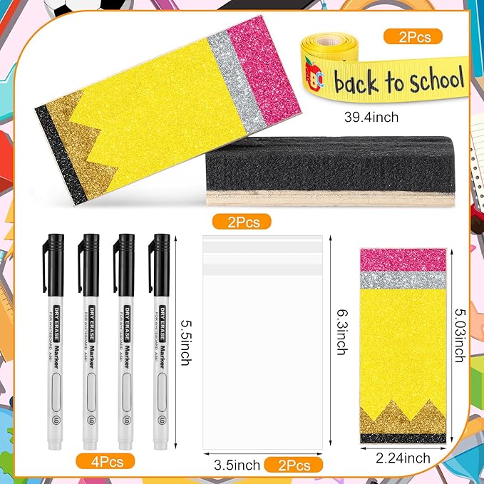 2 Set Back to School for Teachers Gift Glitter Pencil Whiteboard Eraser with Marker Preschool Kindergarten End of Year Gifts Teacher Appreciation Presents for Office School Supplies(2 Set)
