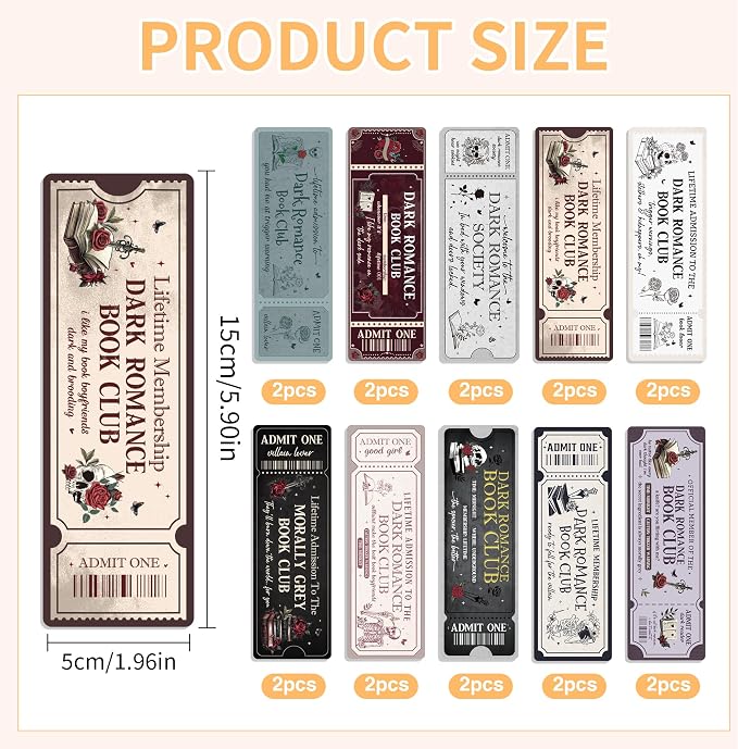 Dark Gothic Romance Bookmarks: 20 PCS Ticket-Style Bookish Gifts, Aesthetic Spicy Book Accessories for Women, Reading Merch for Adults & Book Club Lovers