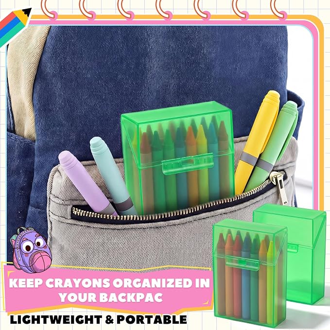 Clabby 2 Pcs Plastic Crayon Organizer Case for 24 Count Crayons Kids Art Supply Storage Box with Lid, Portable Holder for Classroom Home Travel, Fits Standard 24-Pack Crayon (Green)