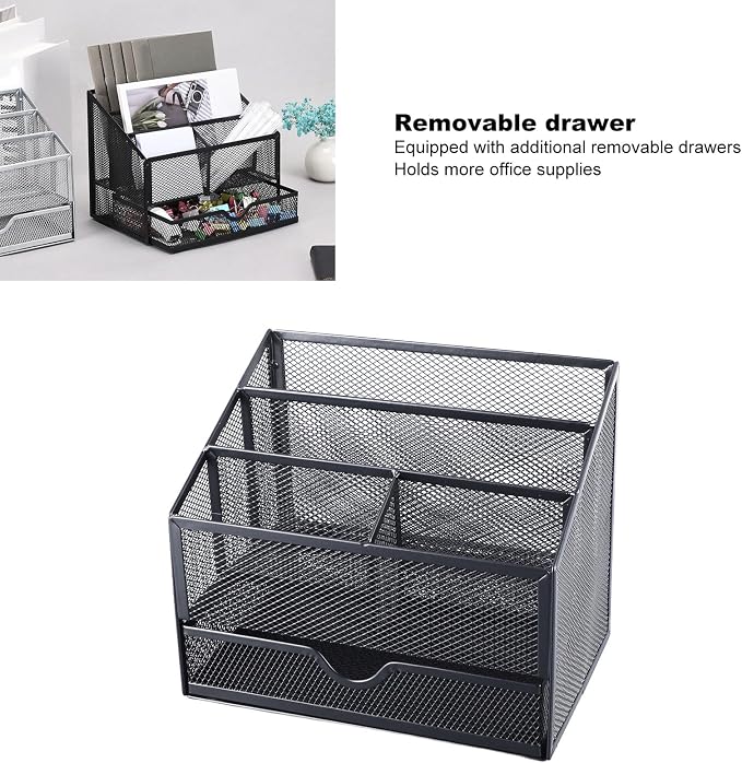 Desk Organiser, Metal Mesh with Removable Drawer, for Office Supplies, Books, Stationery and Desktop Storage, Black
