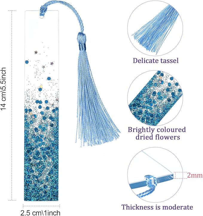 4 Pieces Glittering Dried Flowers Resin Bookmarks Handmade Transparent Page Marker with Tassel for Adults Students School, Office, Home Supplies, Graduation Gifts(Glittering Style)