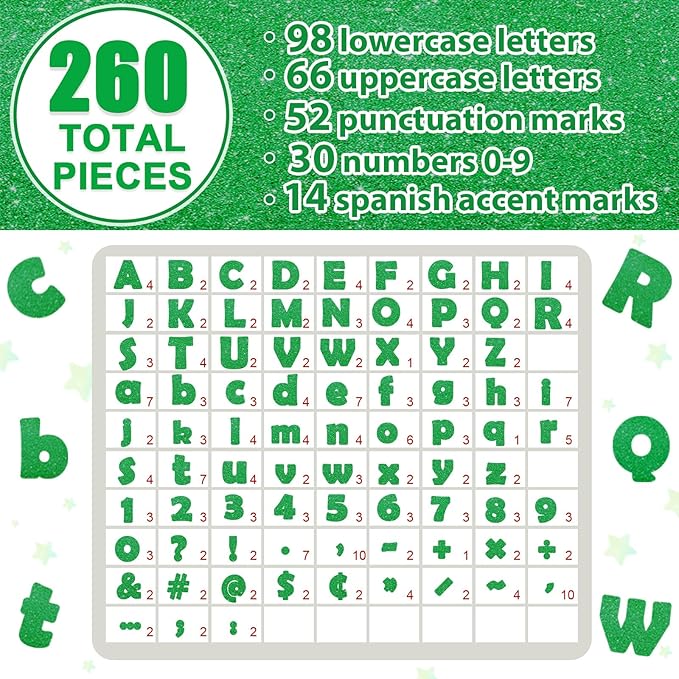 Qyeahkj 260Pcs Glitter Green Spring Bulletin Board Letters for Classroom 4” St. Patrick's Day Letter Combo Pack Set Numbers Alphabet Board Punctuation Symbol Cutout for School Classroom Wall Decor