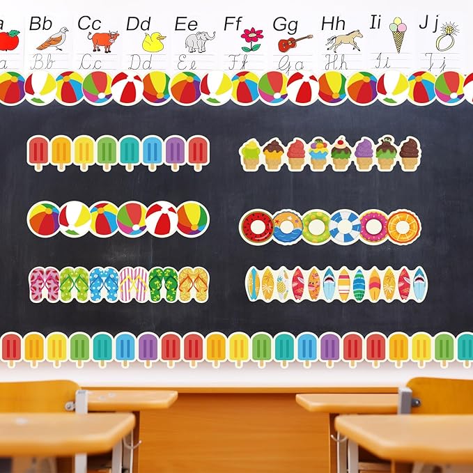 75Ft Summer Bulletin Board Borders Ice Pops Slippers Beach Ball Ice Cream Swimming Ring Surfboard Bulletin Board Trim Summer Beach Decorations for Classroom Home Office Chalkboard Wall Door