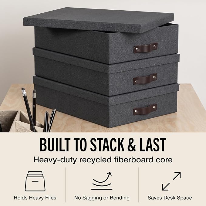 Bigso Oskar Canvas Fiberboard Document Letter Box for Important Paperwork A4 or Letter Size - Durable Keepsake Box with Lid and Leather Handle - 3.3in x 10.2in x 13.8in - Black - 3 Pack
