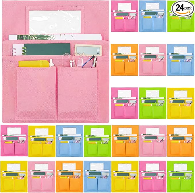 Remagr 24 Pcs Chair Pockets for Classroom Chairs, 14" x 13" Chairs Sacks with Name Tags for Chairback, Multi Pockets Storage Bags Chair Organizer for Kindergarten Elementary School(Macarons)