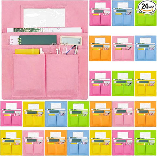 Remagr 24 Pcs Chair Pockets for Classroom Chairs, 14" x 13" Chairs Sacks with Name Tags for Chairback, Multi Pockets Storage Bags Chair Organizer for Kindergarten Elementary School(Macarons)
