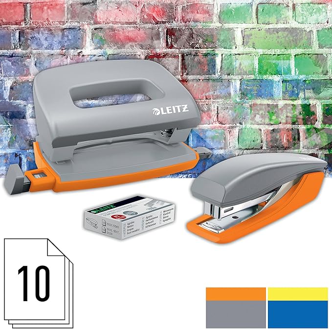 Leitz Mini Stapler & Hole Punch Set, Staple or Punch up to 10 sheets, Includes Staples, Urban Chic Range, Blue/Black, 55996088