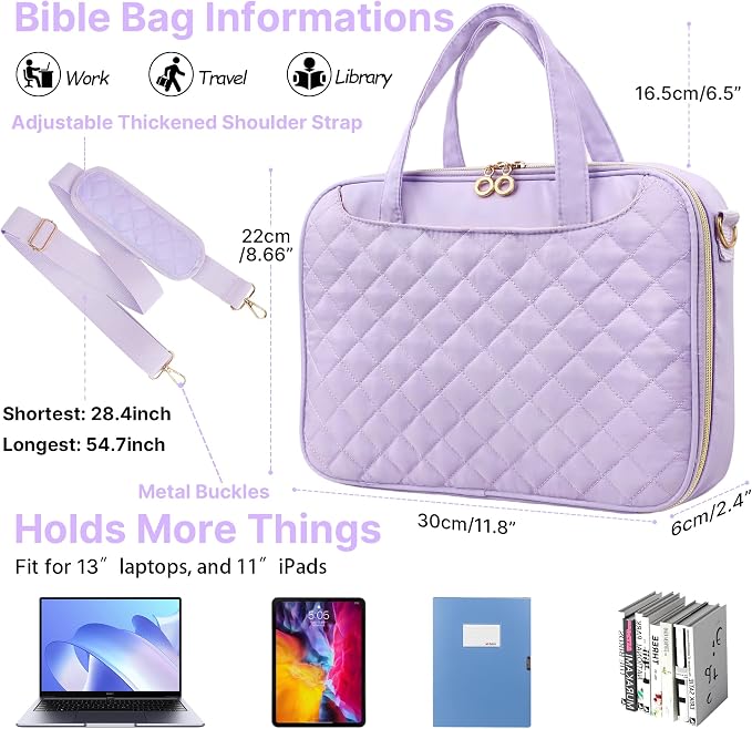 PUGPIU Bible Cover Case for Women, Large Quilted Bible Bag with Shoulder Strap and Handle, Bible Study Supplies Journaling Kit with Highlighters Pens No Bleed Tabs Notebook Cross Clips (Light Purple)