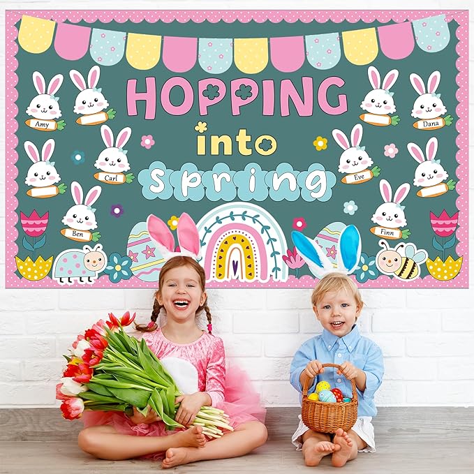 Spring Easter Bunny Bulletin Board Set Hopping Into Spring Classroom Decor Easter Egg Flowers Rainbow Writable Rabbit Cutouts April Bulletin Board for Back to School Party Home Office Chalkboard Decor