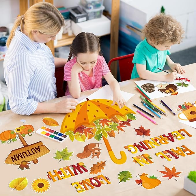 Fall Bulletin Board Decorations Fall in Love with Learning Classroom Bulletin Board Set Autumn Maple Leaves Umbrella Pumpkin Cutouts for School Office Home Wall Thanksgiving Decor
