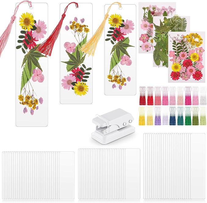 Fuyoooo 176 Pcs Dried Flower Bookmark Making Kit, DIY Bookmark Laminating Pouches with Tassels and Puncher DIY Project Gifts for Women Night Out Craft Book Lovers (Pink,3 Size)