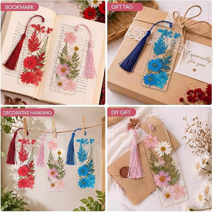 Fuyoooo 61 Pcs Dried Flower Bookmark Making Kit, DIY Bookmark Laminating Pouches with Tassels and Puncher, Handmade Craft Kit for Women, DIY Gifts for Book Lovers (Red Pink Blue,2 x 6 Inch)