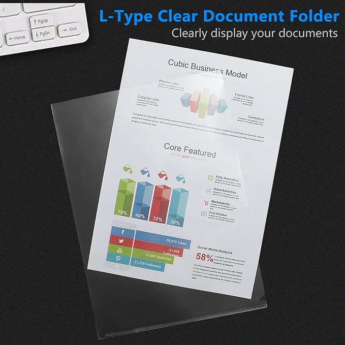 100 Pcs Clear Document Folder Project Pocket for US Letter / A4 Size - Transparent L-Type Plastic Folder