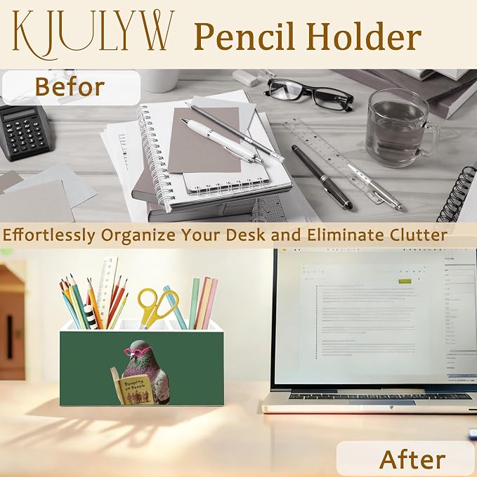 Funny Pigeon Pen Holder for Desk, Pigeon Lover Gifts, Humorous Bird Reading Book Wooden Box Toothbrush Holder Organizer for Bathroom Toilet Desk Accessories