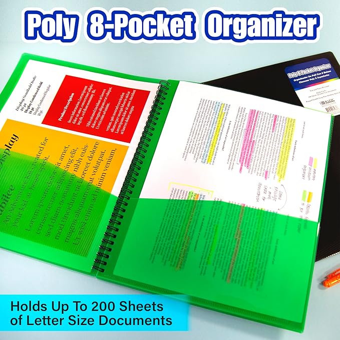 BAZIC Products 8 Pockets Poly Folder Portfolio, Letter Size Plastic Folders Holder for Office Documents Paper Organizer, Assorted Color, 6-Pack