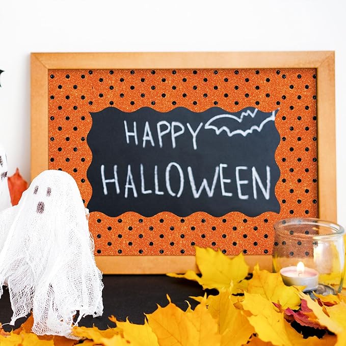 Whaline 69Ft Halloween Bulletin Board Borders Glitter Orange Black Decoration Borders Pumpkin Stripe Dot Trim Border Bulletin Board Stickers for School Classroom Office Halloween Party Decoration