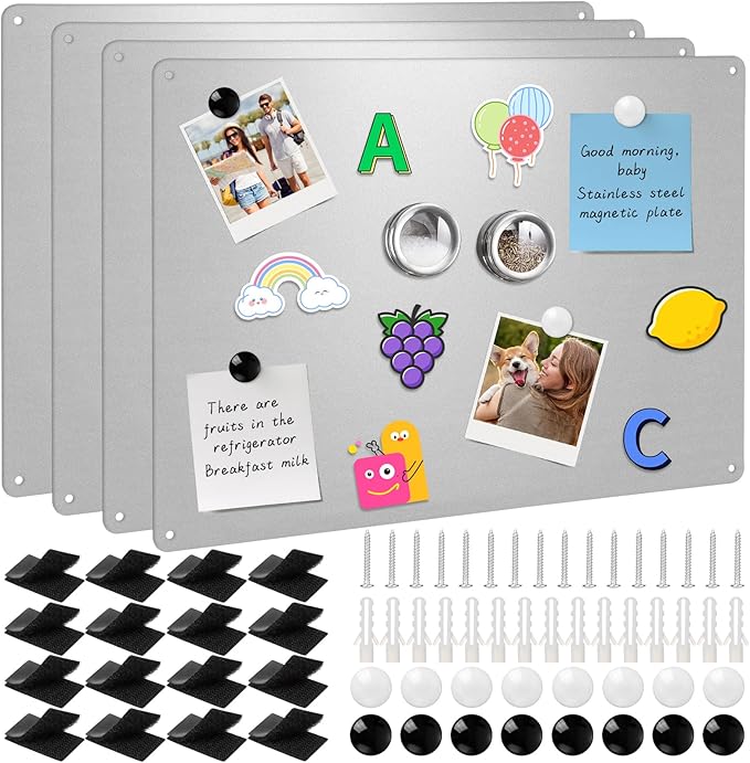 4 Pack Stainless Steel Magnetic Board 17" x 12.6"Magnet Bulletin Board Suitable for Displaying Notes, Photos,Magnetic Letters,Magnetic Board for Wall, Refrigerators, Cabinets