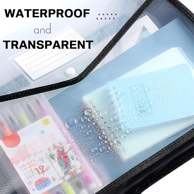 10 Pieces Plastic File Folders Envelope Expanding File Wallet Organizer Documents Folder with Snap Closure and Pocket B4 Waterproof Transparent Pouch for School Office(Black, White,Horizontal)