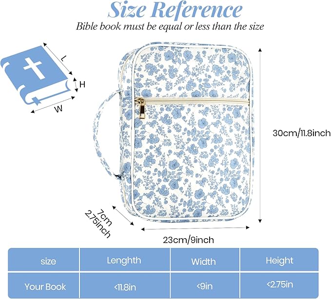 Bible Cover Case for Women, Large Bible Bag with Bible Study Supplies Accessories Christian Gifts for Women, Portable with Sturdy Handle and Highlighters, Blue Flower