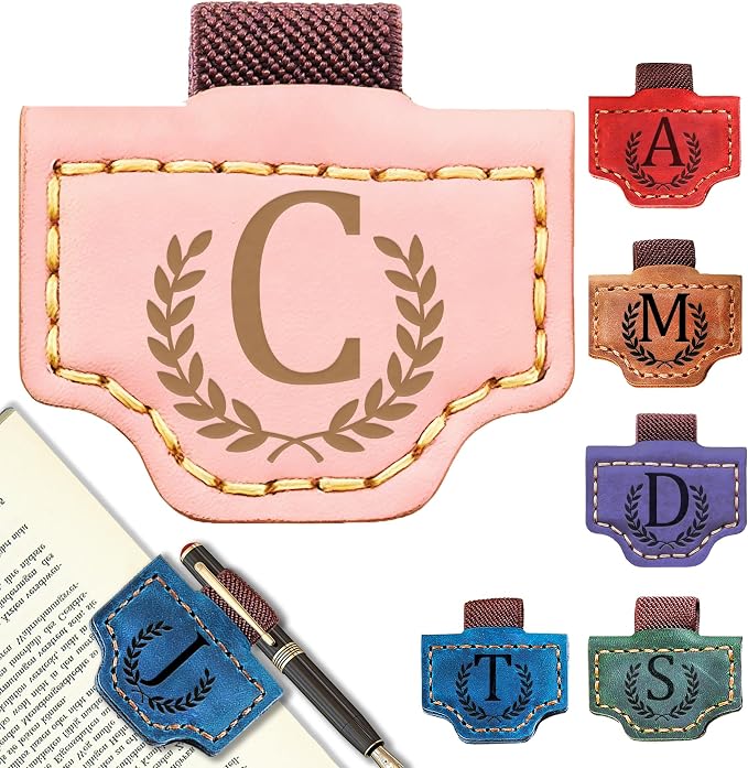 Personalized Leather Magnetic Bookmark with Pen Holder, Bookmark 26 Letters Name Initial Bookmarks for Readers, Book Lover Gifts for Women Men Notebook Accessories (Pink, C)