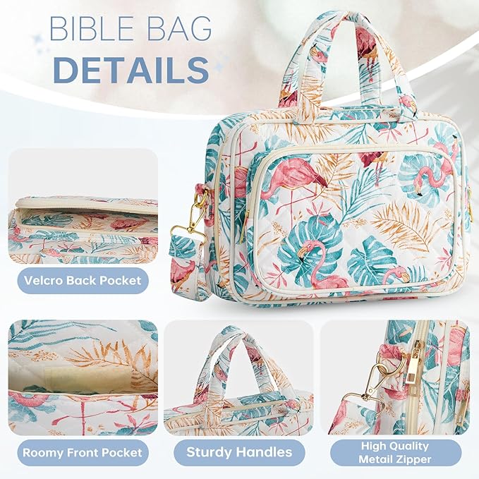 Bible Cover Case for Women Bible Study Supplies Church Camp Essentials Christian Gifts for Women Journaling Kit Quilted Large Bible Book Sleeve (Pink Flamingo, Large)