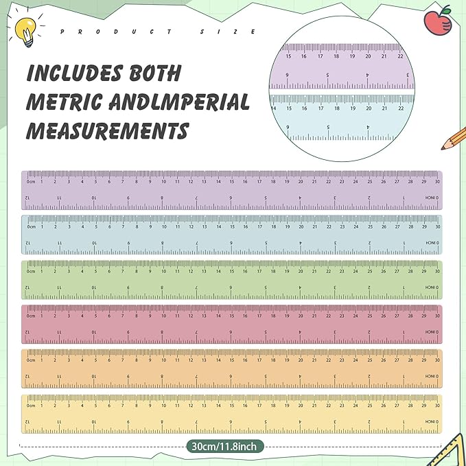 60 Pcs Plastic Clear Rulers 12 Inch, Transparent Assorted Color Ruler Bulk, with Imperial and Metric Scales for Home Office Supplies, Available in 6Colors(Pastel)