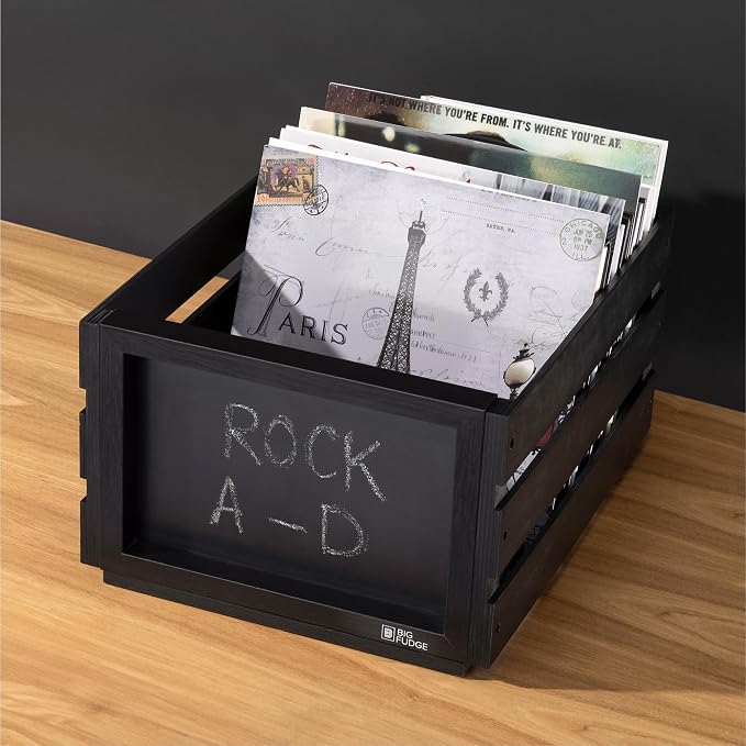 Big Fudge Wood Record Crate - Vinyl Album Storage Holder Box Wooden Case with Chalkboard Sign Board - Vinyl Record Storage Box for up to 80 LP Records