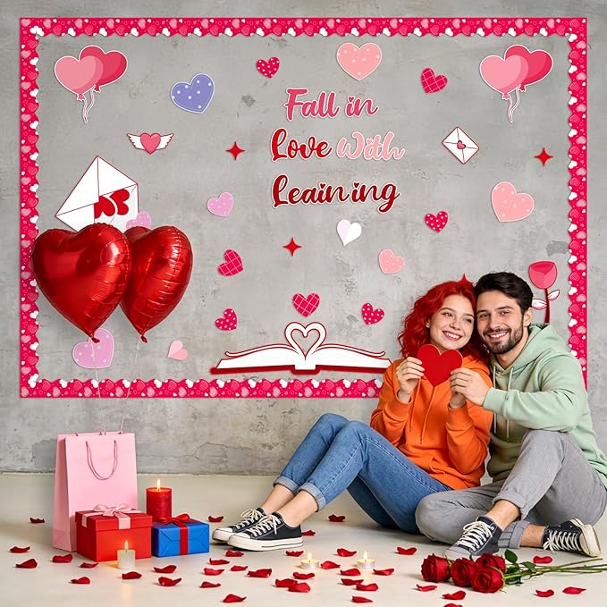 83Pcs Valentine's Day Red Heart Bulletin Board Decoration Set February Fall in Love with Learning Theme Cutouts for Classroom Pink Red Heart Church School Home Chalkboard Wall Door Party Decor