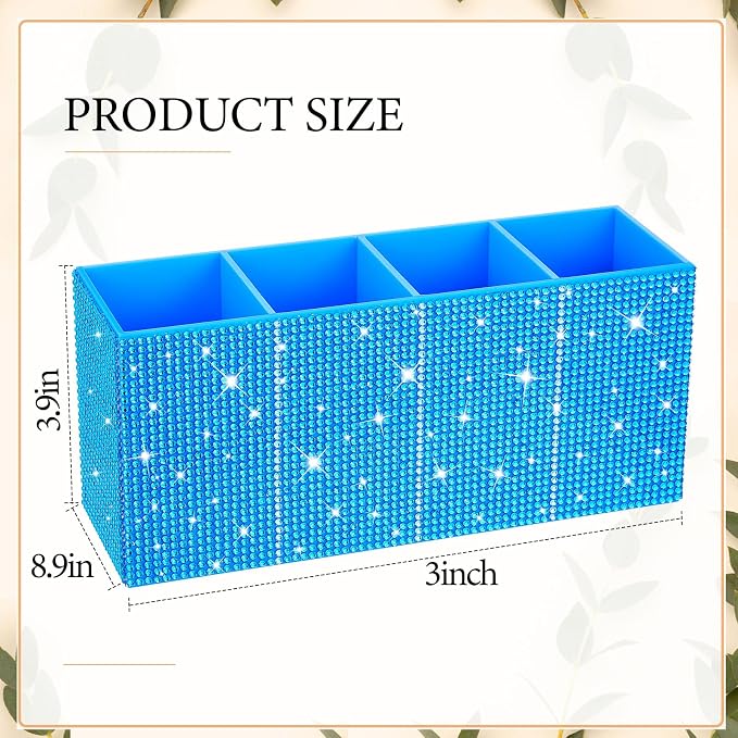 Bling Makeup Brush Organizer for Women, Rhinestone Desk Organizer Pen Holder, Girly Eyeliners Display Case for Vanity, Office, Elevate Your Workspace with Serenity(Rhinestone, Blue)
