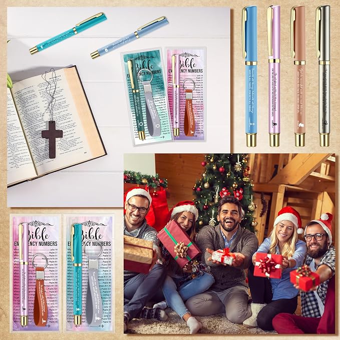 Feifeiya 25 Sets Father's Day Christian Church Gifts Bulk Bible Verse Plastic Gel Pen Religious Silicone Keychains Scripture Bookmarks for Men Women Empowerment Sunday Study Group Gifts(Colorful)