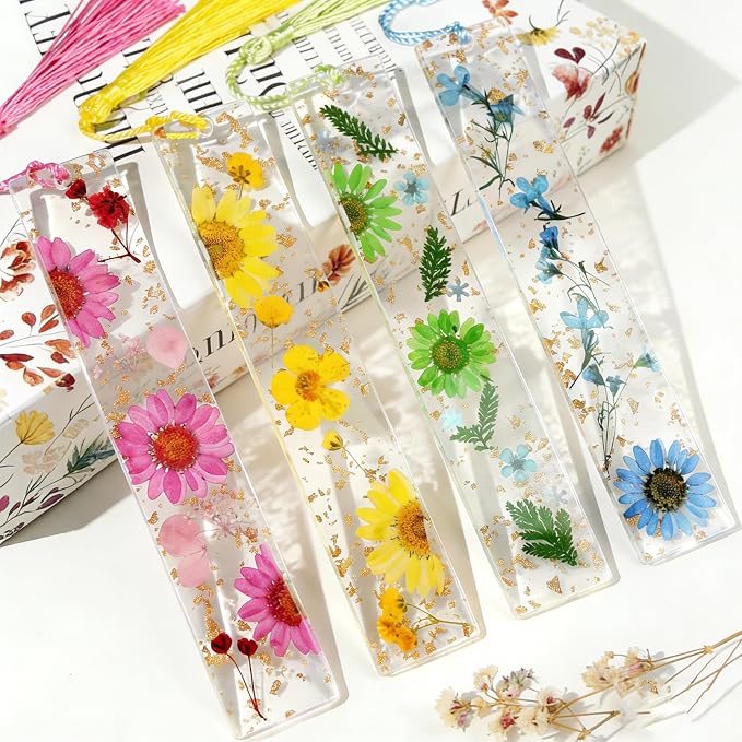 4pcs Pressed Flower Bookmark Pretty Floral Bookmark Durable Handmade Dried Flower Bookmarks for Women Reading Gift(Style C)